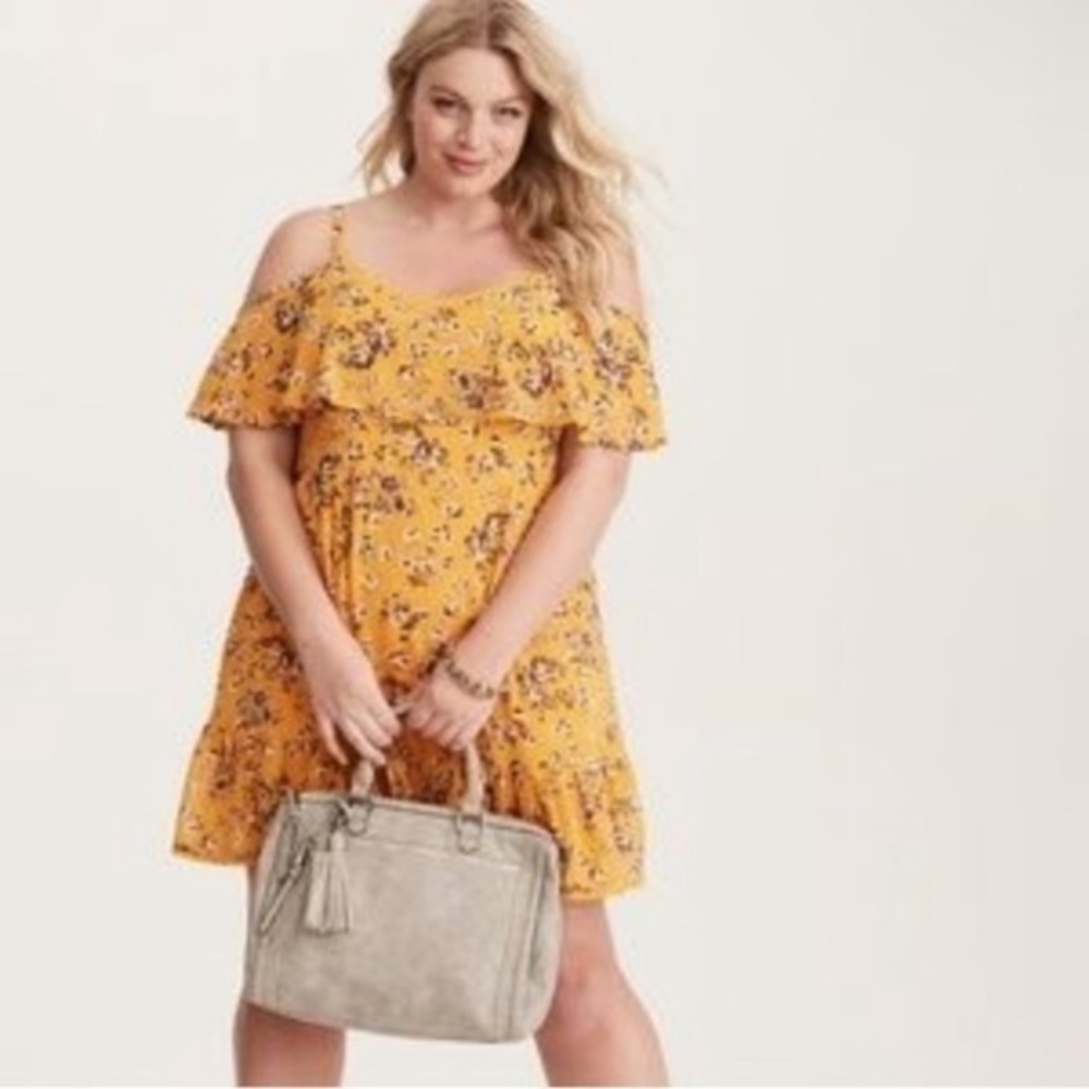 Torrid Mustard Yellow Orange Floral Mini Dress Cold Shoulder Chiffon Size 3X